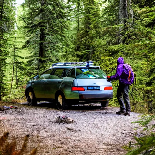 Image similar to hiker unloading the car before camping, style by etienne hebinger