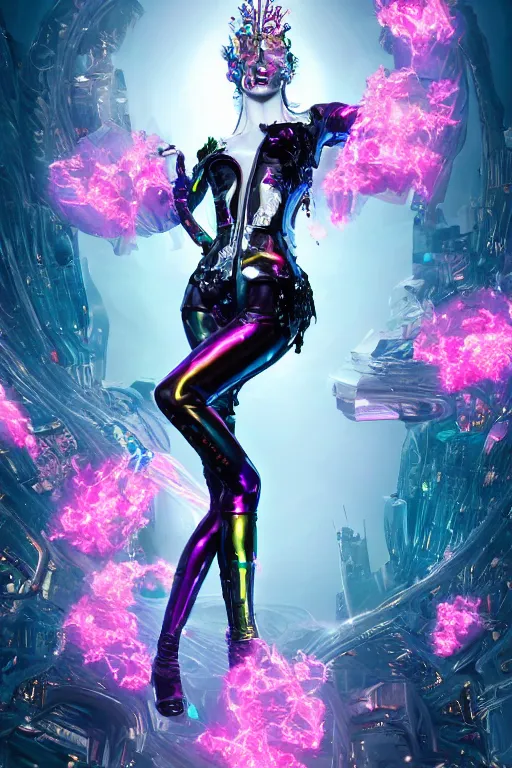 Image similar to full-body rococo and cyberpunk style crystal quartz sculpture of a young handsome seductive chilean android gogo reaching for the sky, glowing pink laser eyes, crown of white gears and diamonds, swirling green-colored silk fabric. futuristic elements. full-length view. intricate artwork by caravaggio. Trending on artstation, octane render, cinematic lighting from the right, hyper realism, octane render, 8k, depth of field, 3D