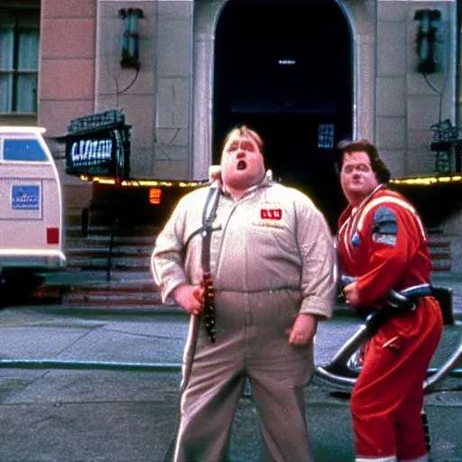 Prompt: Chris Farley as a Ghostbuster in the movie Ghostbusters 8k hdr