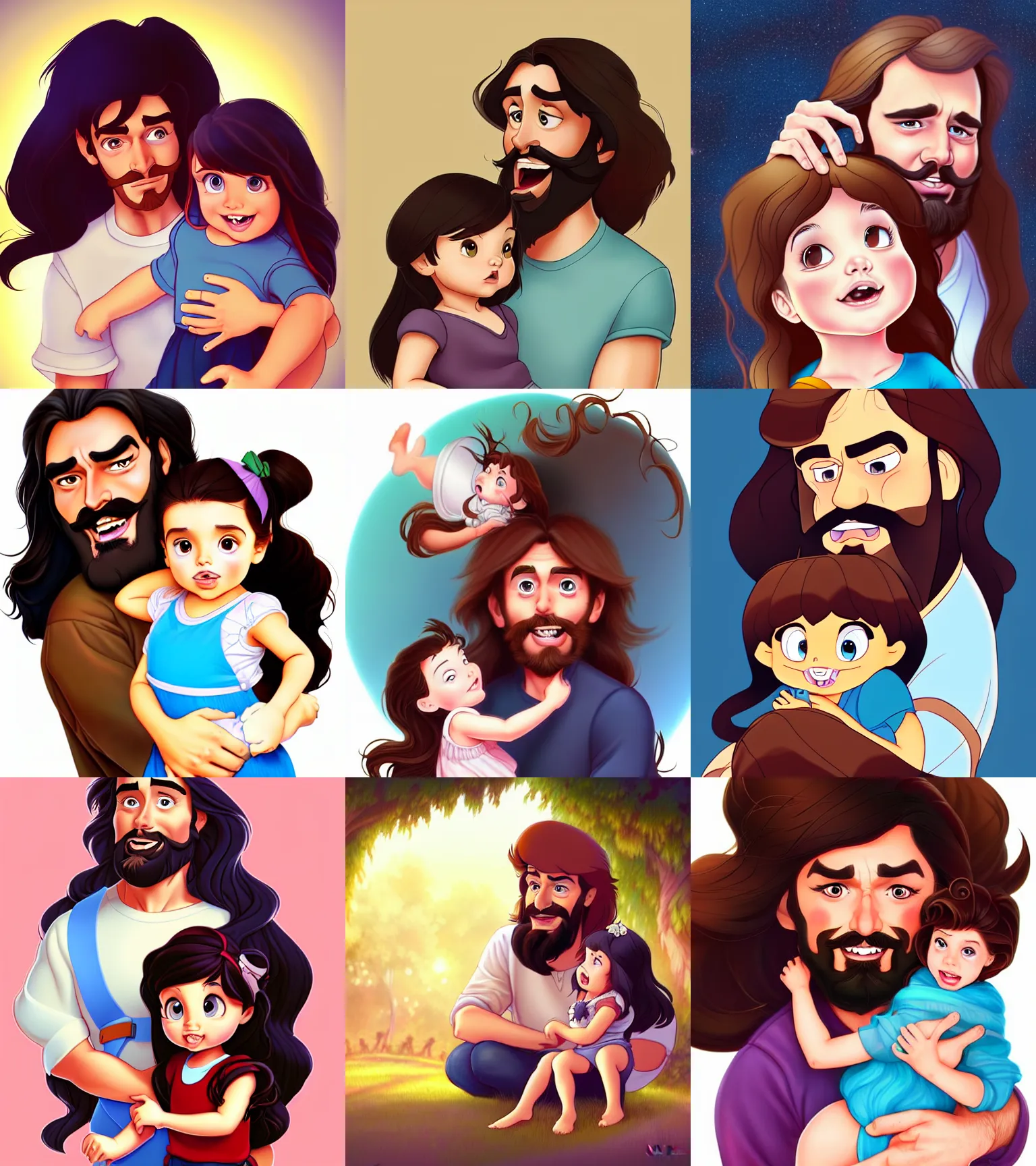 Image similar to a long - haired bearded father and his brunette child toddler girl full color digital illustration in the style of don bluth, artgerm, artstation trending, 4 k