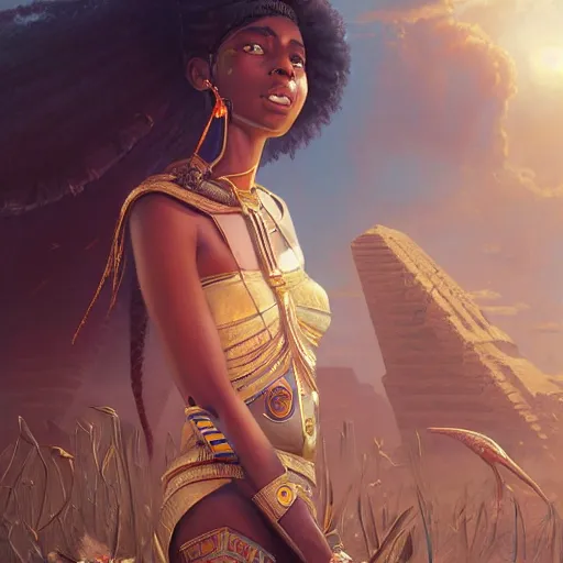 Image similar to highly detailed portrait of an african egyptian goddess, intricate alien technology, stephen bliss, unreal engine, fantasy art by greg rutkowski, loish, rhads, ferdinand knab, makoto shinkai and lois van baarle, ilya kuvshinov, rossdraws, tom bagshaw, global illumination, radiant light, detailed and intricate environment