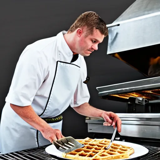 Image similar to wafflehouse restaurant cook smoking a cigarette while cooking food on a flat top grill