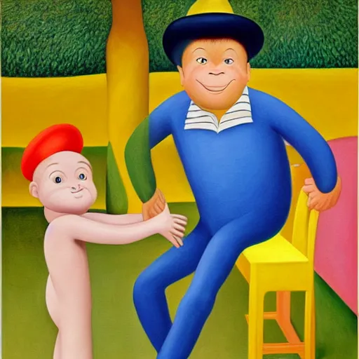 Prompt: a painting of curious george and the man in the yellow hat, fernando botero