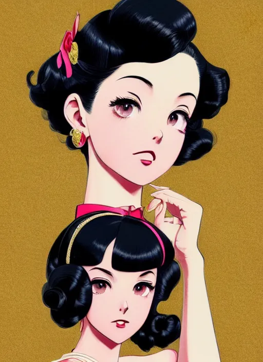 Image similar to a beautiful girl with black hair in 1950's fashion, ballroom background, intricate, highly detailed, digital painting, artstation, official media, anime key visual, concept art, rich vivid colors, ambient lighting, sharp focus, illustration, art by Artgerm, Makoto Shinkai, Ilya Kuvshinov, Lois Van Baarle, and Rossdraws