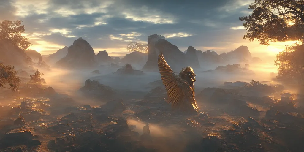 Image similar to bird wings, gold ram horns, copper goat skulls, grand imposing powerful sculpture. swirls of mist. sunrise, intense light beams, lens flare. occult photorealism, uhd, amazing depth, volumetric lighting, cinematic lighting. epic landscape.