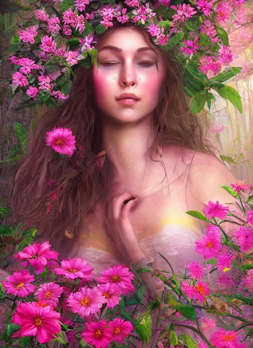 Image similar to a beautiful portrait of a beautiful woman in the jungle surrounded by pink flowers, shamanism, matte painting, fantasy art