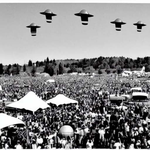 Image similar to a picture of an ufo above an hippie festival in the 6 0's, black and white