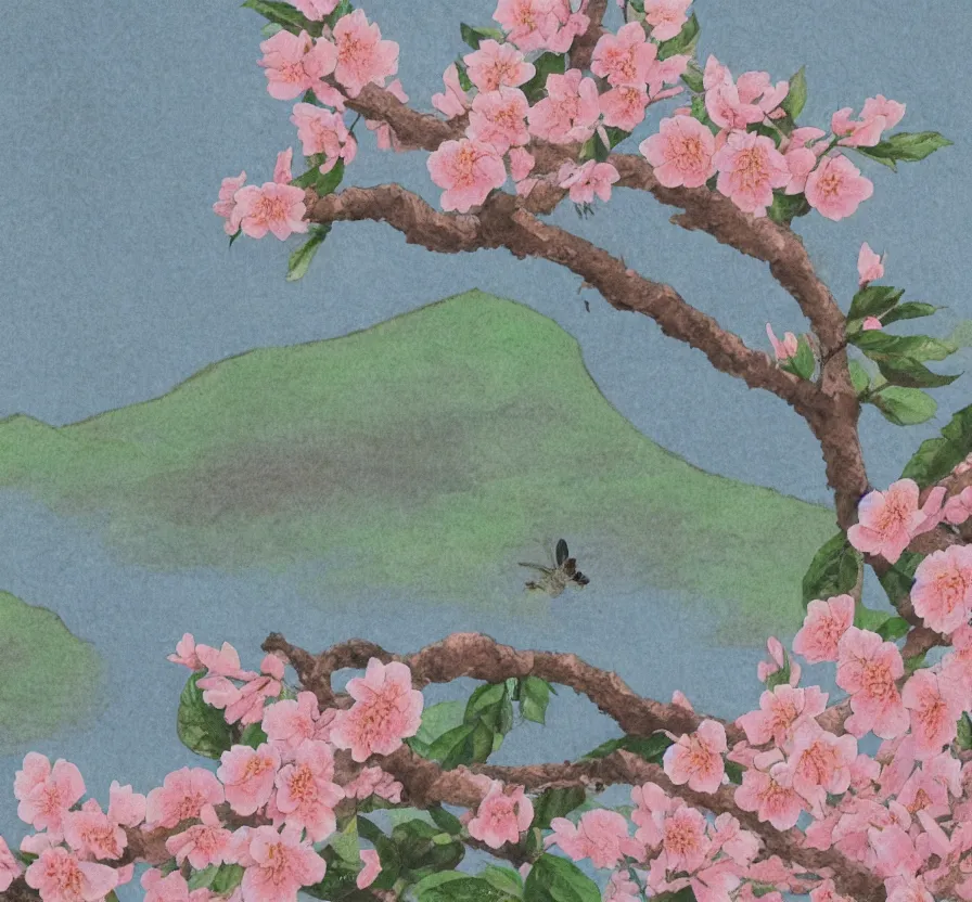 Image similar to a peach blossom in the mountains, studio ghibli style