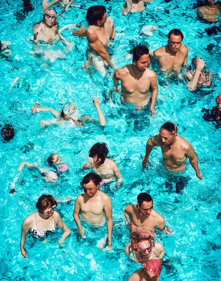 Prompt: “ a close - up of people stuck in a small square swimming pool, color photography ”