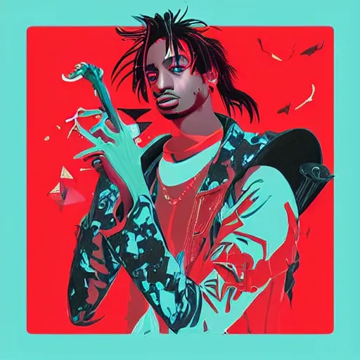 Prompt: Album Art for Playboi Carti \'Whole Lotta Red\' featuring Clairo, Fanged Vampire, Red Birthmark, Castlevania, Vector art, Geometric 3d shapes, Gang, Paper Marbling, red smoke, by Sachin Teng, Trending on artstation