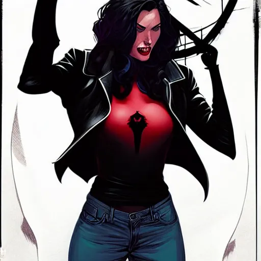 Image similar to rafael albuquerque comic art, peter mohrbacher, steve niles, artgerm, pretty elizabeth olson vampire sharp vampire teeth open mouth, symmetrical eyes, black leather jacket, jeans, long blonde hair