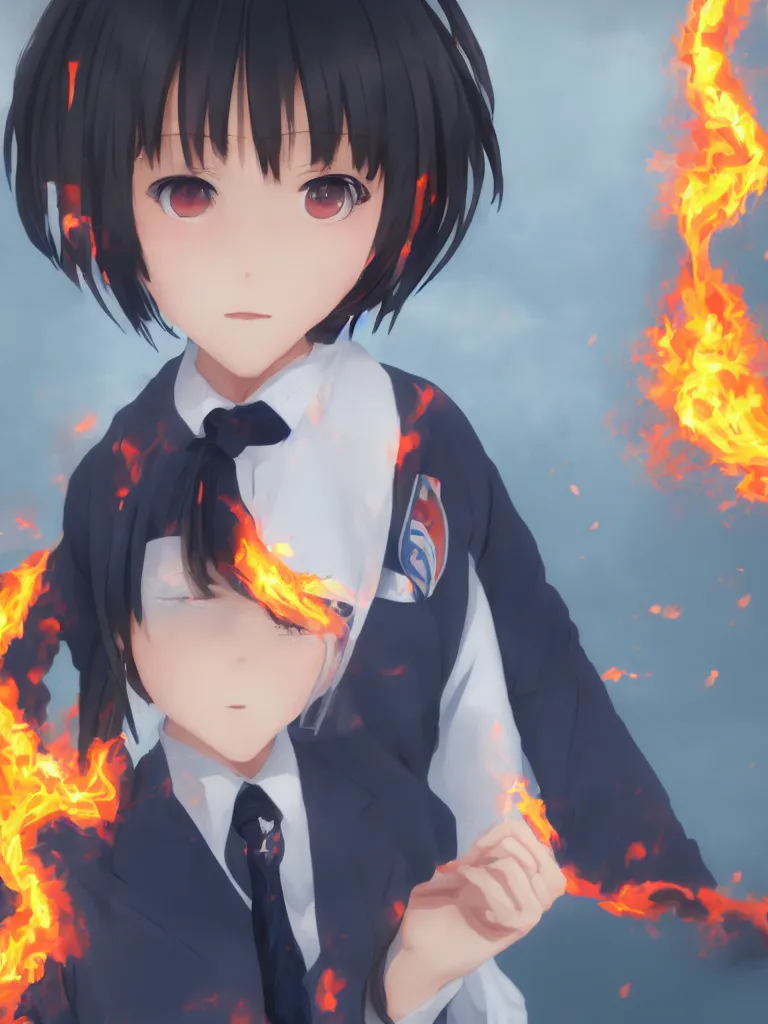 Image similar to Portrait of a Japanese schoolgirl with short hair in school uniform causing flames in a moment of rage, ultra detailed, artstation, 8k, photorealistic, digital anime art.