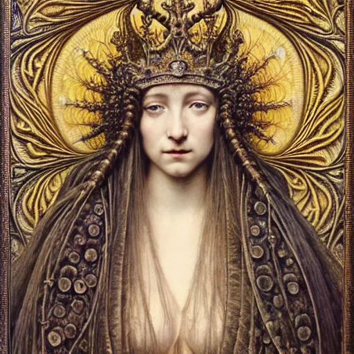 Image similar to detailed realistic beautiful young medieval queen face portrait by jean delville, gustave dore, iris van herpen and marco mazzoni, art forms of nature by ernst haeckel, art nouveau, symbolist, visionary, gothic, pre - raphaelite, horizontal symmetry, fractal lace, realistic ornate gilded medieval icon