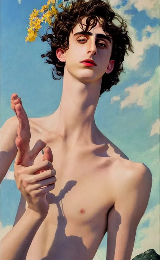 Prompt: Timothee Chalamet, the most beautiful androgynous man in the world, intense painting, sunny day at beach, tropical island, +++ super supper supper dynamic pose,  digital art, +++ +++ quality j.c. leyendecker, limited edition, shiny, ++++ super veiny hands, thick eyebrows, masculine appeal high fashion, wearing orange sunglasses, crystal blue eyes, louis vuitton suit, very very very rich, smirking, too good for you, above your standards, out of your league