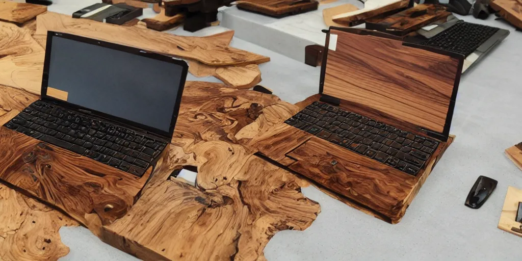 Prompt: a wood masterpiece laptops made in different kind of woods