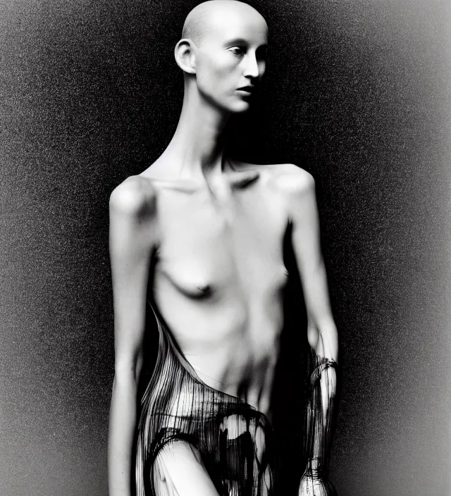 Prompt: photography portrait of one female fashion model wearing fluid organic clothes designed by iris van herpen, photography by paolo roversi nick knight, helmut newton, avedon, and araki, natural pose, highly detailed