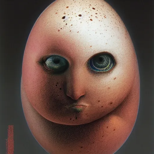 Prompt: humpty dumpty in form of egg, detailed pattern on skin, full front view by luis royo and wayne barlowe, beksinski