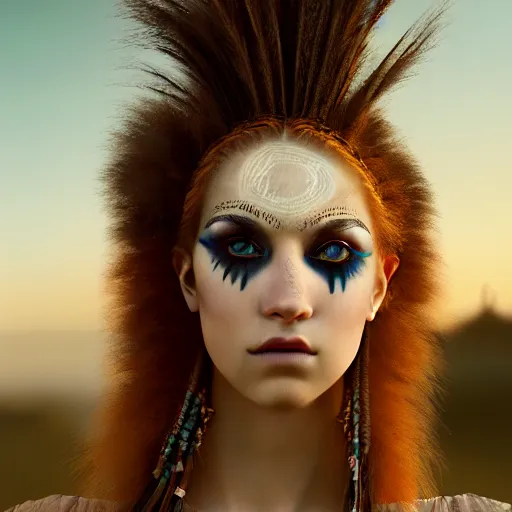 Image similar to photographic portrait of a stunningly beautiful renaissance female with tribal emo makeup in soft dreamy light at sunset, contemporary fashion shoot, by edward robert hughes, annie leibovitz and steve mccurry, david lazar, jimmy nelsson, breathtaking, 8 k resolution, extremely detailed, beautiful, establishing shot, artistic, hyperrealistic, beautiful face, octane render