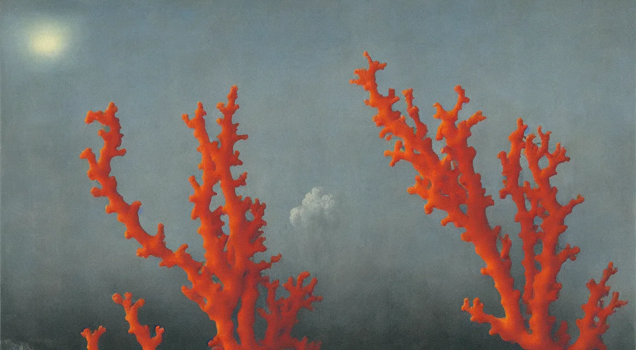 Image similar to one single! coral fungus floating in the clear sky, a high contrast!! ultradetailed photorealistic painting by jan van eyck, audubon, rene magritte, agnes pelton, max ernst, walton ford, hard lighting, masterpiece