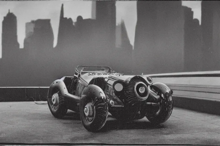 Image similar to cyberpunk 1 9 2 6 bugatti type 3 5 by paul lehr, metropolis, view over city, vintage film photo, damaged photo, scratched photo, scanned in, old photobook, silent movie, black and white photo