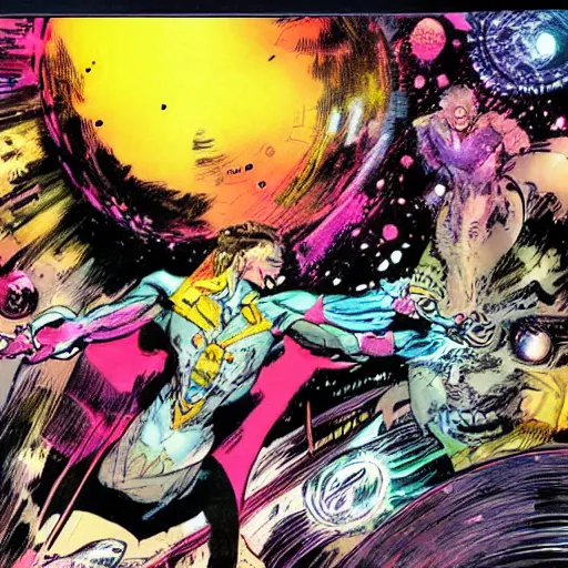 Prompt: galactuc turning into the entire universe in a comic book panel illustrated by by bill sienkiewicz