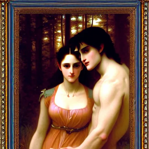 Prompt: twilight portrait of edward and bella in ancient forest by william - adolphe bouguereau in the style of gaston bussiere, art nouveau