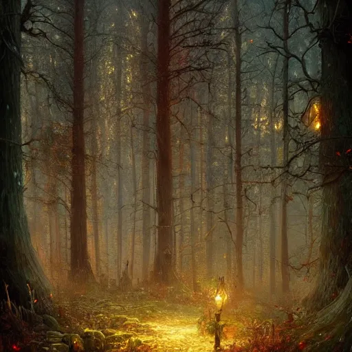 Prompt: intricate five star hhaunted forest at night by greg rutkowski and thomas kinkade, oil on canvas, hdr, high detail, photo realistic, hyperrealism, matte finish, high contrast, 3 d depth, centered, masterpiece, vivid and vibrant colors, enhanced light effect, enhanced eye detail, artstationhd