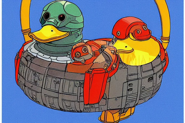 Image similar to illustration of a heavily armoured mechanical duck by studio ghibli, ominous, vivid colors, colorful