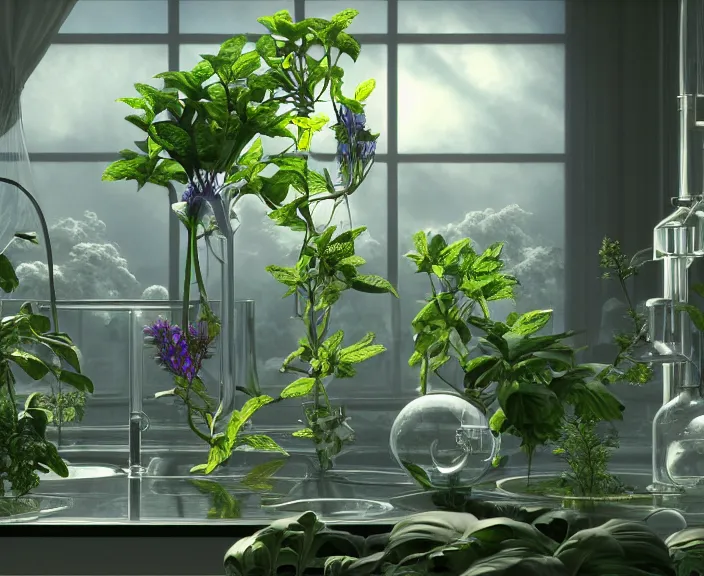 Image similar to simplicity, transparent clear see - through photo of lab equipment, lush botany, floral environment, ultra realistic, concept art, pop art, photorealistic, octane render, 8 k, unreal engine. art by gustave dore and nori inoguchi and sam kaplan and zachary goulko and christopher marley and artgerm and alphonse mucha