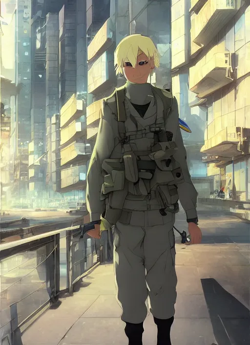 Image similar to beautiful blonde soldier boy at a futuristic city street by makoto shinkai