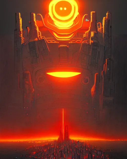 Image similar to giant robot with ominously glowing red eyes stands on top of city that is on fire, concept art, intricate details, highly detailed, in the style of rodger dean, moebius, michael whelan, pascal blanche