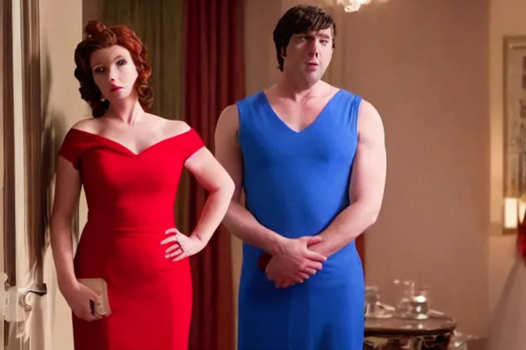 Image similar to full body film still of a man longingly looking at a distant woman in a red dress as a woman in a blue dress looks disgusted at the man in the new romance comedy movie, dramatic angle, dramatic lighting