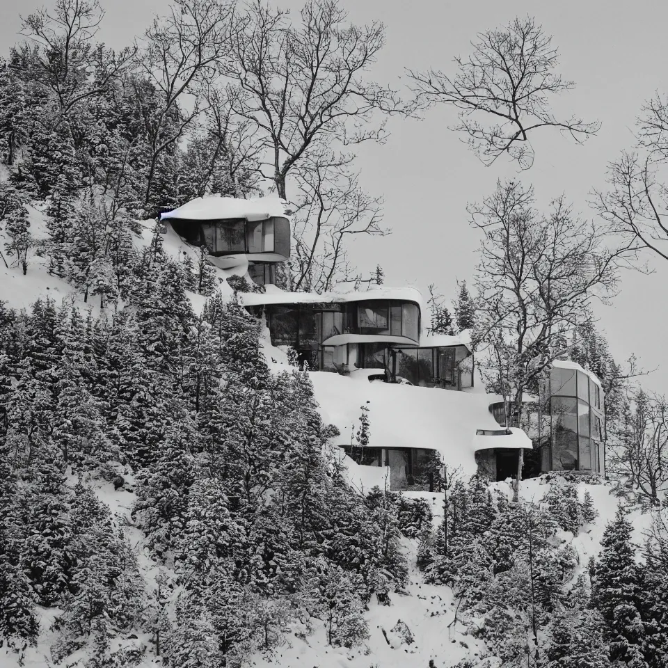 Image similar to an asphalt road leading to a mid-century modern house with large windows on top of a cliff in the arctic, covered with snow, designed by Frank Gehry. Big tiles. Film grain, cinematic, yellow hue