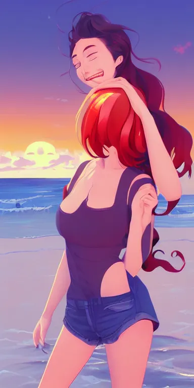 Image similar to lois van baarle, artgerm, helen huang, by makoto shinkai and ilya kuvshino, rossdraws, illustration, art by ilya kuyshuno. cute scarlet red haired cyborg woman, denim shorts, at beach at sunset, beautiful face, smiling, clean cel shaded vector art, exaggerated proportions