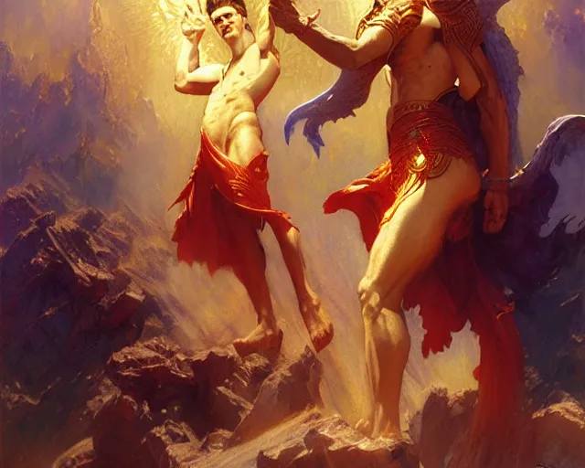 Image similar to attractive male deity, casting demonic magic, summoning handsome lucifer morning star. highly detailed painting by gaston bussiere, craig mullins, j. c. leyendecker 8 k