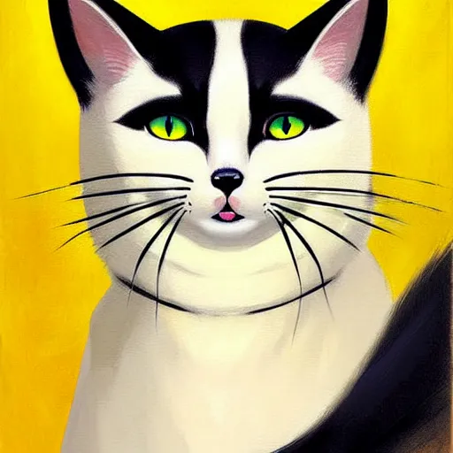 Image similar to painting of a cute white ( okami style ) ( ( kitsune ) ) cat budda with yellow patterns, plain white background, no people, art by jc leyendecker, phil hale, angular, brush strokes, painterly, crisp, portrait of a cat, cat portrait painting