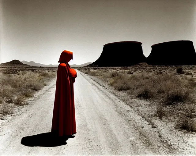 Prompt: by bruce davidson, by andrew boog faithfull redscale photography evocative. a mystical woman in scarlet robes, conical hot in front of a desert mesa.