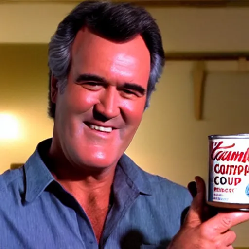 Image similar to Bruce Campbell holding can of campbell soup to the camera, 4k,