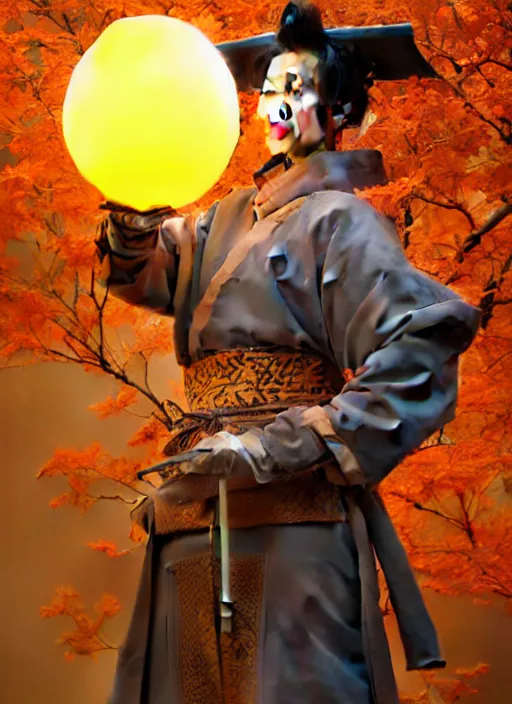 Image similar to kitsune samurai in autumn color kimono holding a glowing egg, subsurface scattering, by jesper ejsing, justin gerard, tomasz alen kopera, cgsociety and fenghua zhong, highly detailed, rim light, cinematic lighting, illustration, art, octane render, very coherent, cinematic, hyper realism, high detail, octane render, 8 k