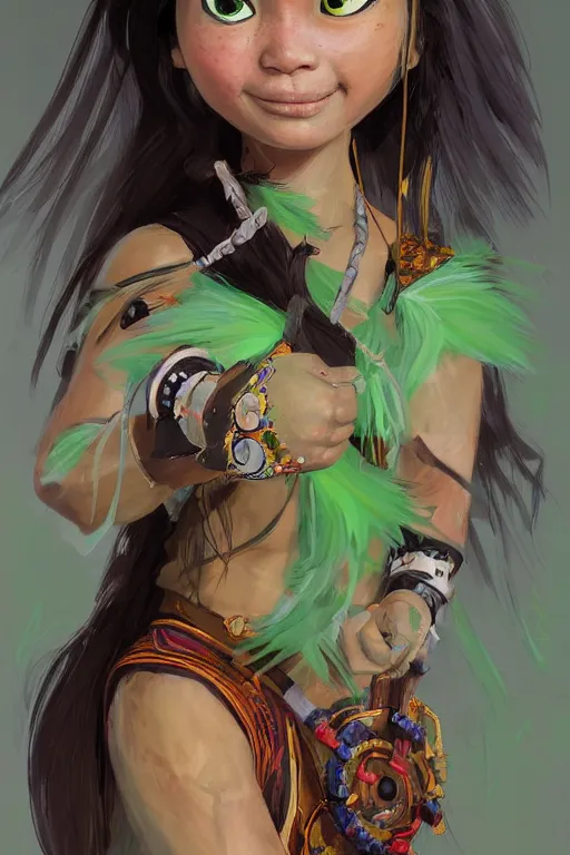 Image similar to a professional cartoony portrait of a indigenous happy kid female warrior, clothed in traditional colombian dance, long dark hair, beautiful bone structure, symmetrical facial features, green eyes, intricate, elegant and graceful, digital painting, concept art, smooth, sharp focus, illustration, finely detailed, from Rayman legends by Ruan Jia and Mandy Jurgens and Artgerm and William-Adolphe Bouguerea, award winning art, trending on Artstation