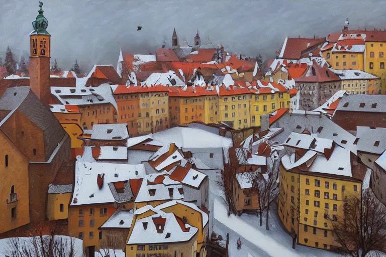 Prompt: cesky krumlov in winter by jeffrey smith, cubism, 3 d depth, oil on canvas, trending art station, masterpiece