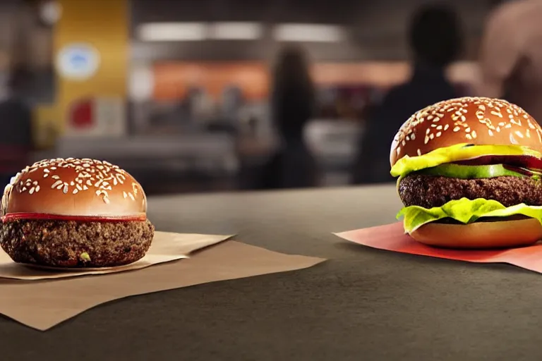 Prompt: mcdonalds bean burger in center of shot, commercial photograph