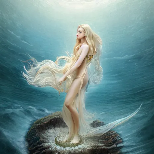 Prompt: breathtakingly detailed concept art painting full body painting, goddess floating on the sea bottom, blond hair in white sheer dress, orthodox saint ornate background, created by hsiao - ron cheng, very moody lighting, 8 k