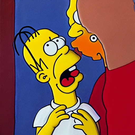 Image similar to a painting of homer simpson eating bart simpson in the style of saturn devouring his son