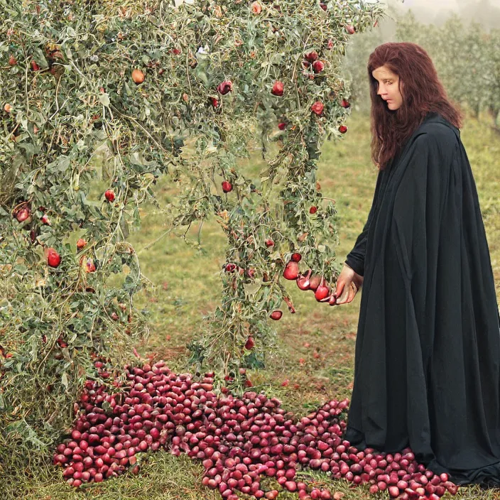 Prompt: a closeup portrait of a woman wearing a cloak made of iridescent twine and ribbon, picking pomegranates from a tree in an orchard, foggy, moody, photograph, by vincent desiderio, canon eos c 3 0 0, ƒ 1. 8, 3 5 mm, 8 k, medium - format print