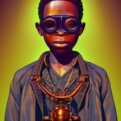 Image similar to colourful vfx upper half - portrait - art of a nigerian boy wearing steam punk goggles, art by utagawa kunisada & james jean, digital render, digital illustration, concept art, caricature, volumetric light, ray tracing, symmetrical, unreal engine, octane 3 d render, sharp, detailed, intricate detail, pinterest, behance, art station,