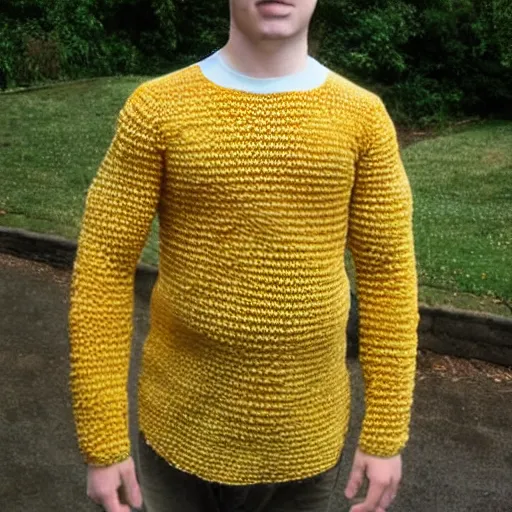 Image similar to man with shirt made out of knitted ramen noodles