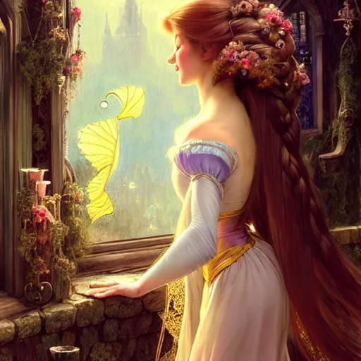 Prompt: The princess from the fairy tale Rapunzel in her tower with long hair flowing down to her feet while gazing at her reflection on the mirror, detail, fantasy, intricate, elegant, highly detailed, digital painting, artstation, concept art, smooth, sharp focus, illustration, art by Krenz Cushart and Artem Demura and alphonse mucha