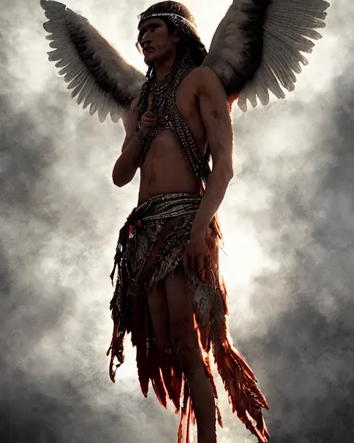 Image similar to a south american indigenous warrior with angelic wings, by tsuyoshi nagano, by greg rutkowski, dramatic lighting, blood, god rays, angelical, symmetrical, intricate, detailed, cinematic, masterpiece, extreme details, volumetric light