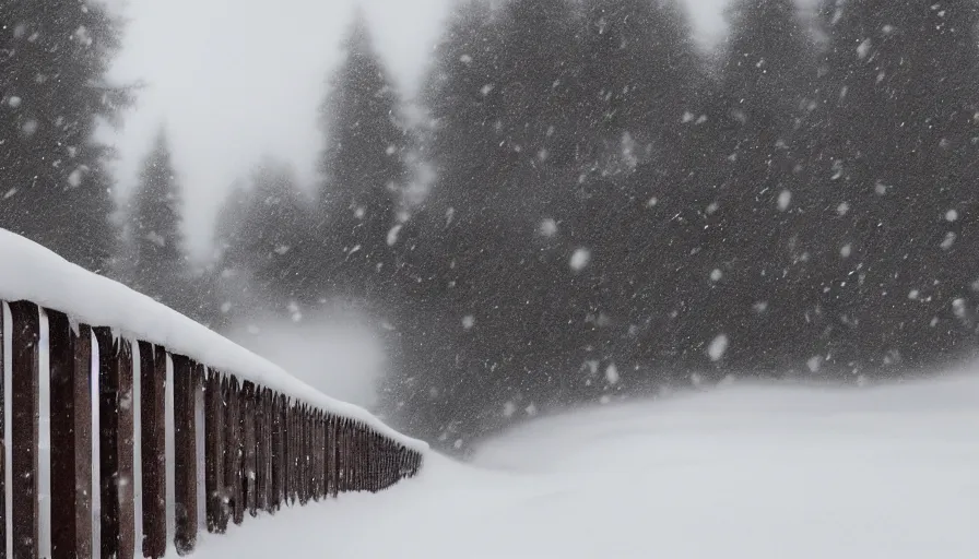 Image similar to wooden guardrails covered by snow in beautiful winter landscape. fog, snowstorm, photorealistic rendering, octane, depth of field, blurry